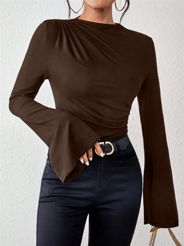 Autumn Winter Pleating Bell Sleeve Stand-up Collar Slim Fit T-Shirt - Image 4