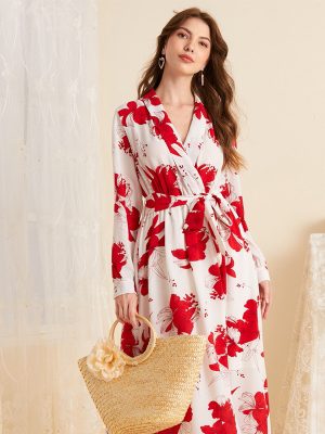 Autumn Printed V-Neck Long Sleeve Sweet Dress for Women