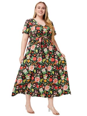 Plus Size Women Summer V Neck Short Sleeve Printed Large Swing Bohemian Dress