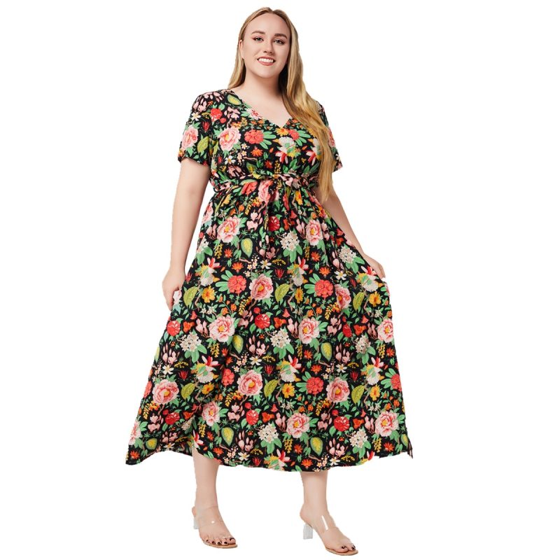 Plus Size Women Summer V Neck Short Sleeve Printed Large Swing Bohemian Dress