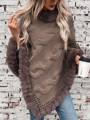 Rex Rabbit Fur Collar Cable Knit Pullover Sweater Cloak