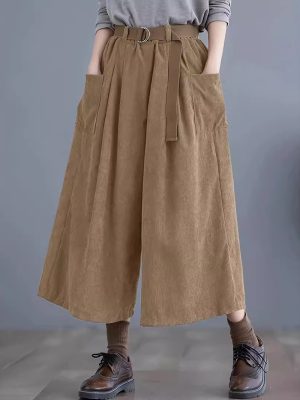 Autumn Winter Cropped Wide Leg Corduroy Pants with Pockets & Belt