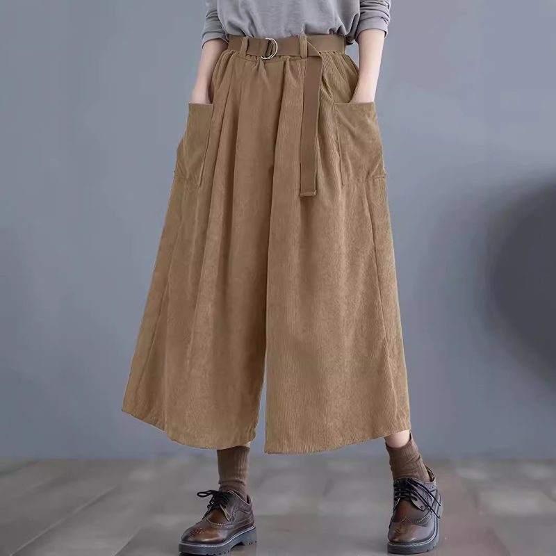 Autumn Winter Cropped Wide Leg Corduroy Pants with Pockets & Belt