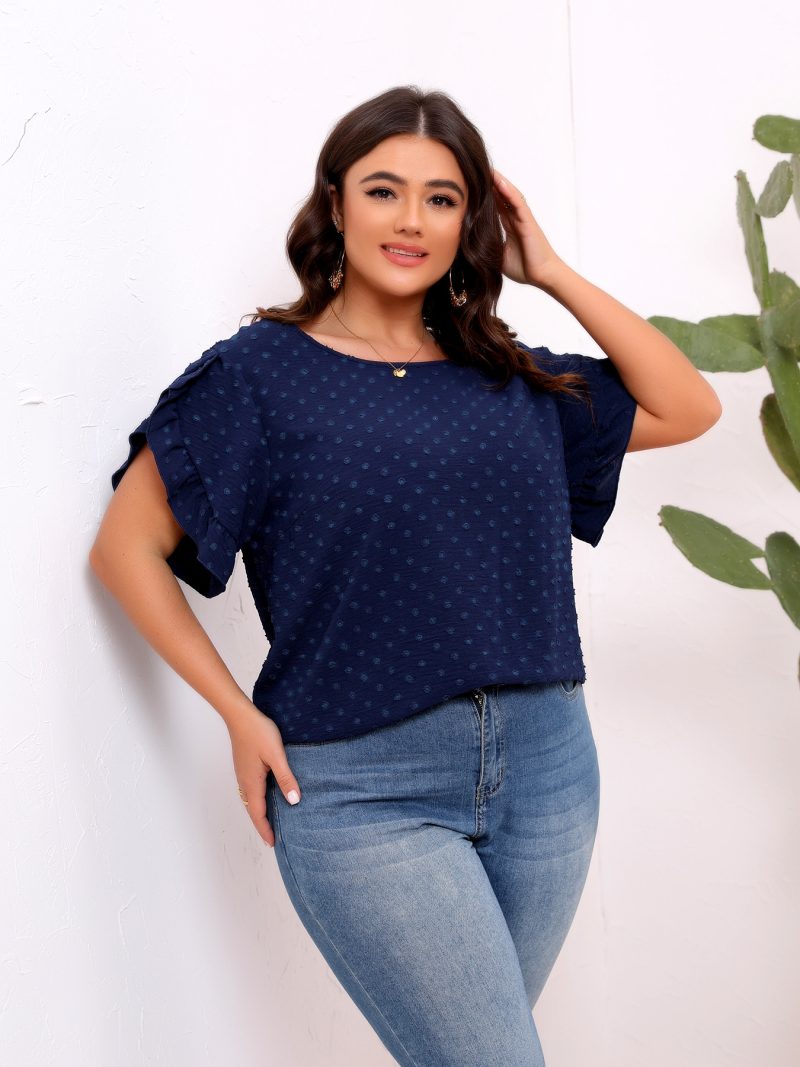 Plus Size Ruffle Sleeve Shirt – Round Neck Short Sleeve Blouse - Image 2