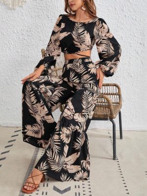 Women’s Tropical Print Back Lace-Up Cutout Top & Wide Leg Pants Set