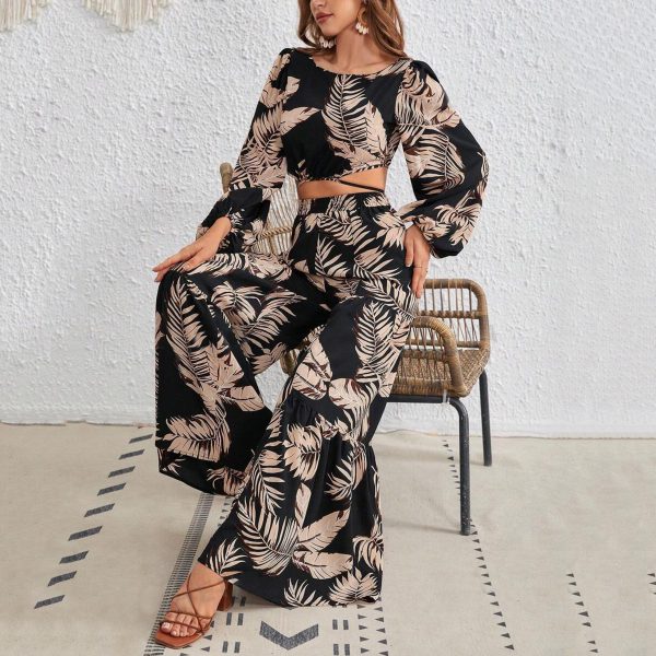 Women’s Tropical Print Back Lace-Up Cutout Top & Wide Leg Pants Set