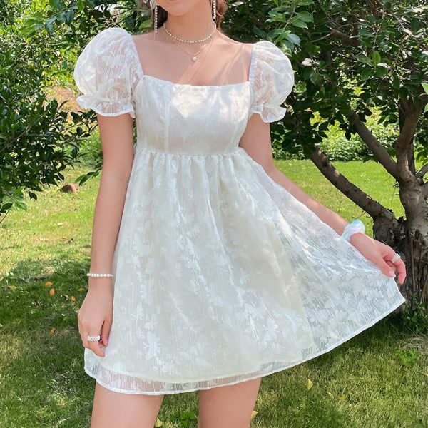 White Puff Sleeve High Waist Dress - Image 2