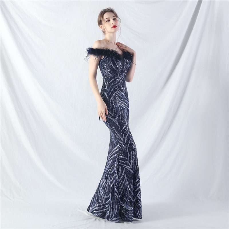Ostrich Feather Sequined Corset Waist Tight Evening Dress - Image 4