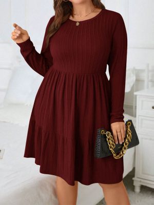 Plus Size Wine Red Office Midi Dress – Elegant All-Season Style