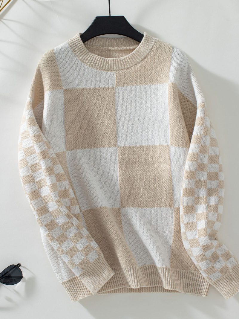 Contrast Color Check Pullover Knitted Sweater Women Autumn Winter - Image 5