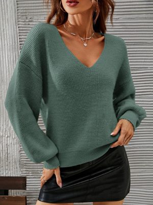 Women’s V-Neck Long Sleeve Loose Knit Sweater