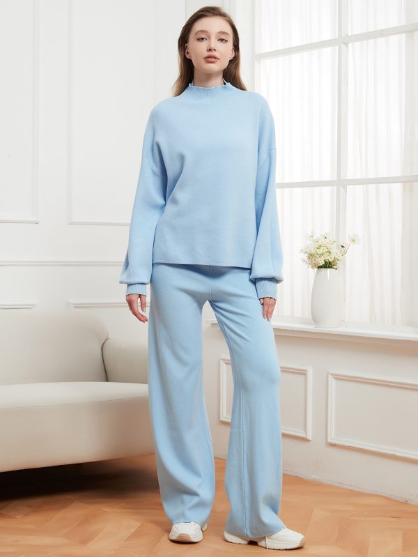 Solid Color Stand Collar Sweater & Trousers Set for Women - Image 2