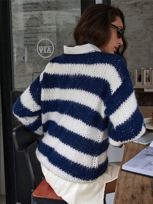 Blue & White Stripes Contrast Color Loose Knitted Sweater for Women - Image 2