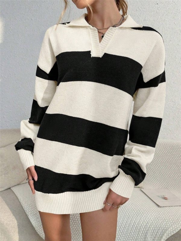 Contrast Color Stripes Slimming Loose Knit Wool Sweater - Image 4