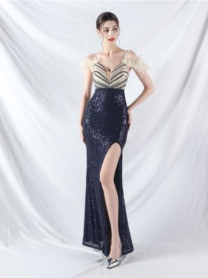 Ostrich Feather Sequin Sleeveless Split Toast Party Dress