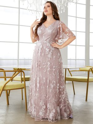 Evening Dress V Neck Lace Embroidered Flared Sleeve Swing Short Sleeve Party Bridesmaid Dres