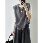 Women’s Solid Color Round Neck Knitted Vest Cardigan