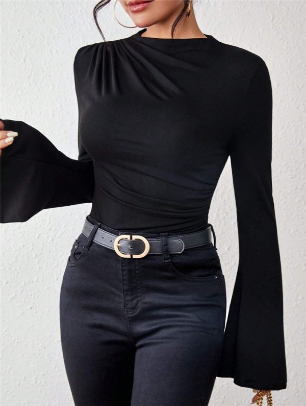 Autumn Winter Pleating Bell Sleeve Stand-up Collar Slim Fit T-Shirt - Image 3