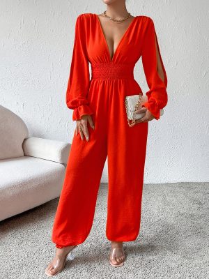 Sexy Red V-Neck Backless High-Waist Jumpsuit for Women