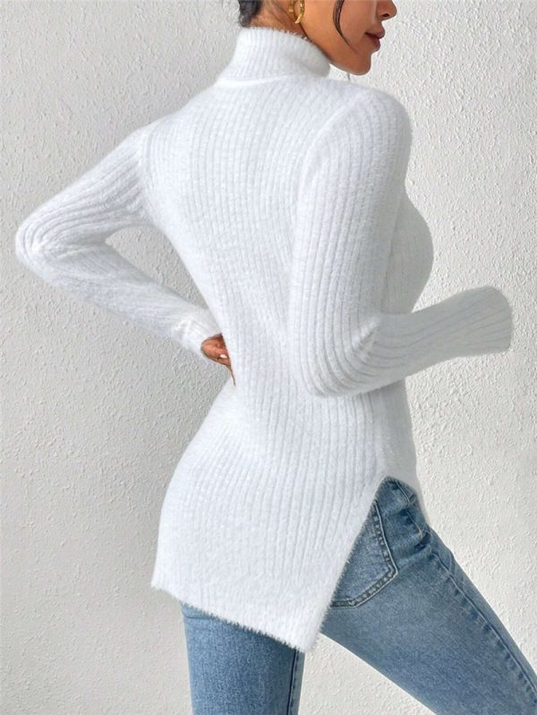 Turtleneck Sweater with Slit Hem – Solid Color Knitwear for Autumn Winter - Image 2