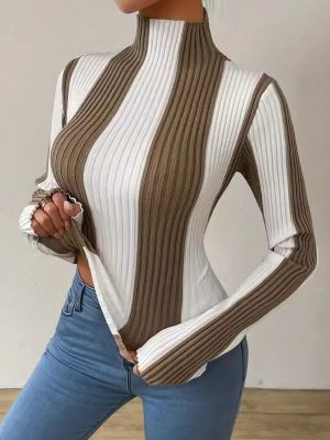 Women’s Slim Fit Black and White Contrast Vertical Pattern Sweater