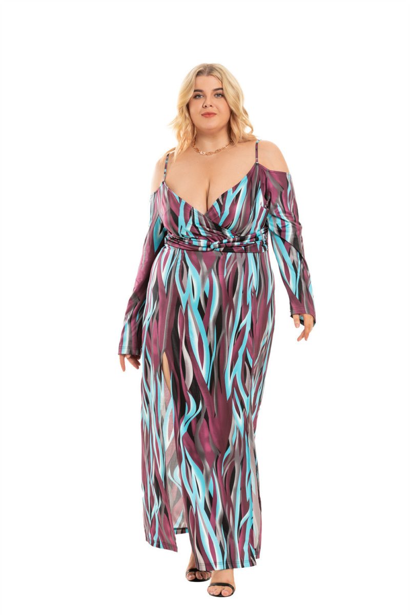 Plus Size Sexy Slit V-Neck Off Shoulder Dress - Image 2