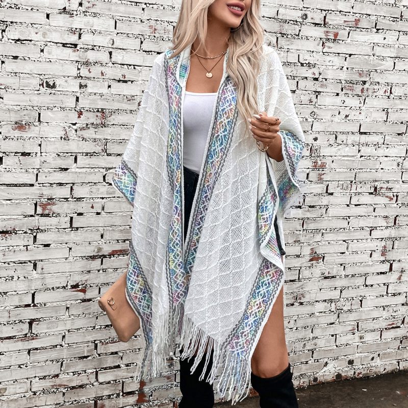 Autumn Winter Ethnic Knitted Hooded Tassel Cape Sweater Shawl for Women - Image 3