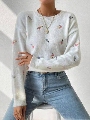 Women’s Jacquard Crew Neck Long Sleeve Knitwear Top