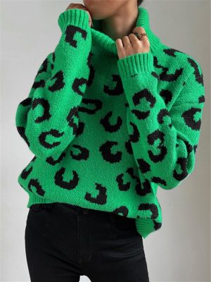 Leopard Print Turtleneck Sweater – Knitted Pullover for Autumn Winter