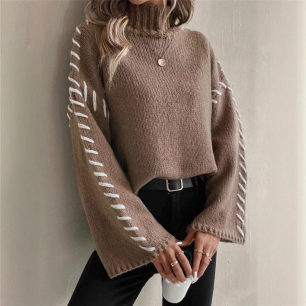 Long Sleeve Casual Loose Knitted Sweater with High Neck & Contrast Color