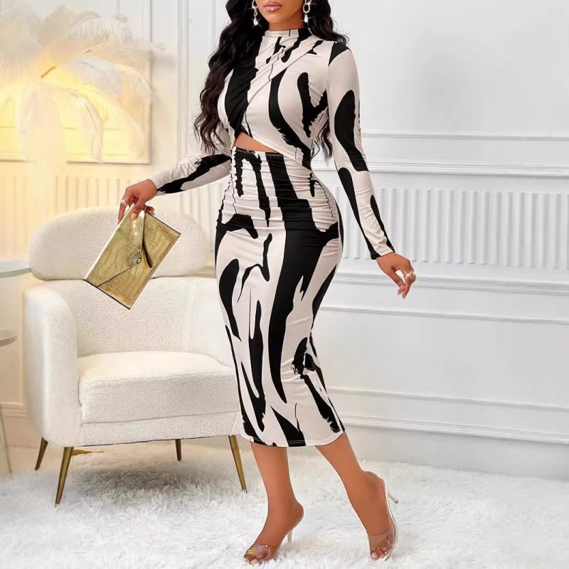 Printed Long Sleeve Narrow Dress - Women’s Fall Fashion - Image 4