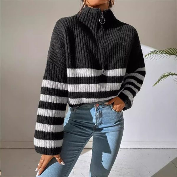 Contrast Stripes Stand Collar Knitted Pullover - Image 5