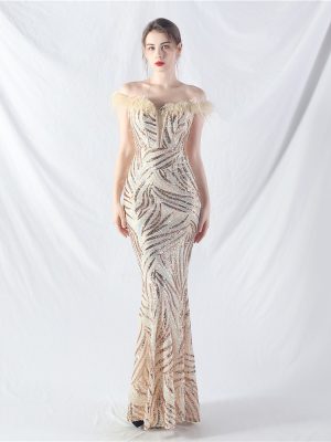 Ostrich Feather Sequined Corset Waist Tight Evening Dress