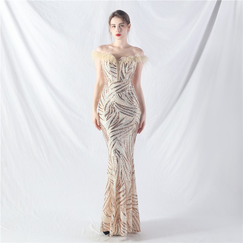 Ostrich Feather Sequined Corset Waist Tight Evening Dress