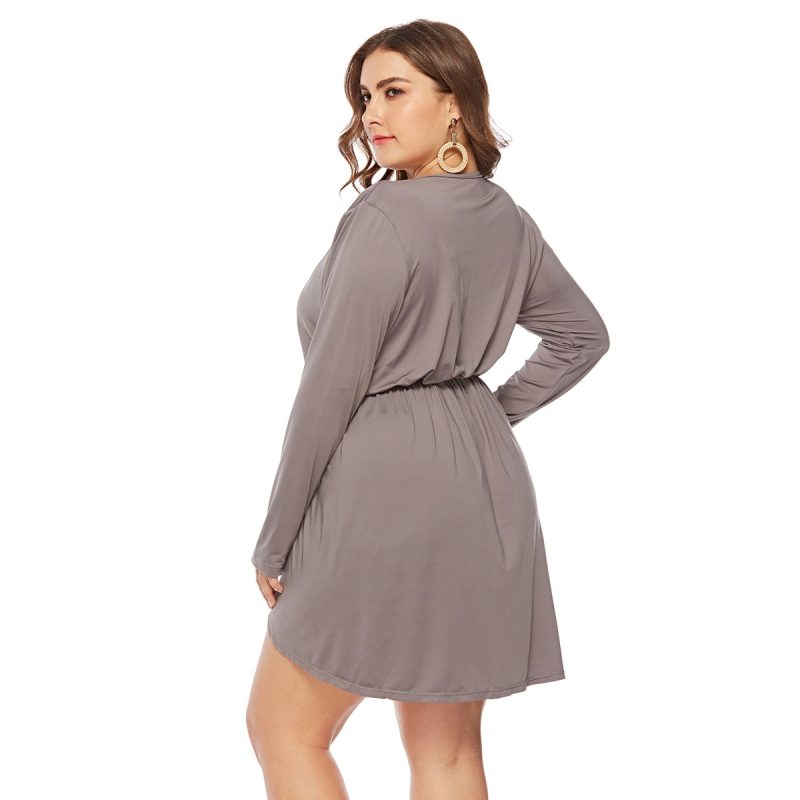 Plus Size Women Spring Autumn Long Sleeve V Neck Split Dress - Image 3