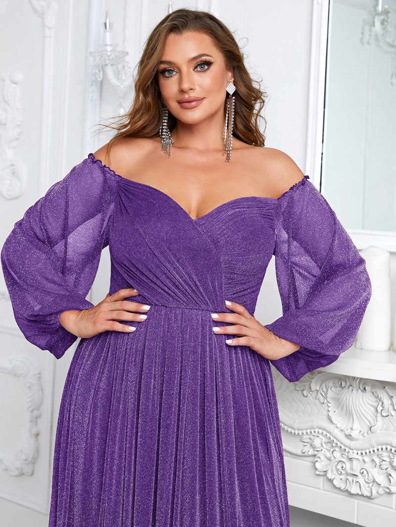 Plus Size Off Shoulder Long Sleeve Solid Color Cocktail Evening Gown - Image 4