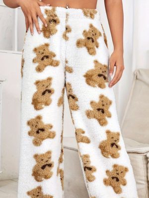 Loose Plush Bear Pajama Shorts – Warm Loungewear for Autumn Winter