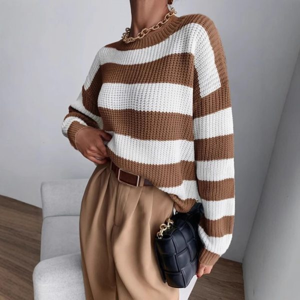 Contrast Color Stripe Knit Sweater – Loose Fit Autumn Winter Knitwear - Image 3