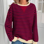 Navy Striped Crew Neck Long Sleeve T-Shirt Top for Women - Image 2