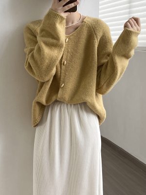 Women’s Loose Round Neck Horn Button Knitted Sweater Coat