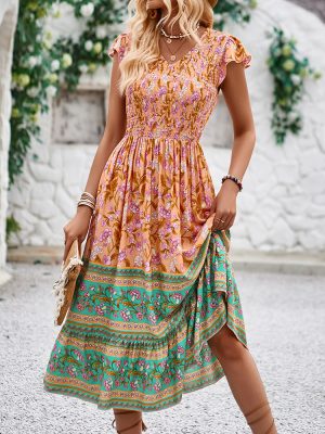 Women’s Summer Floral Print Bohemian V-Neck Ruffled Sleeve Dress