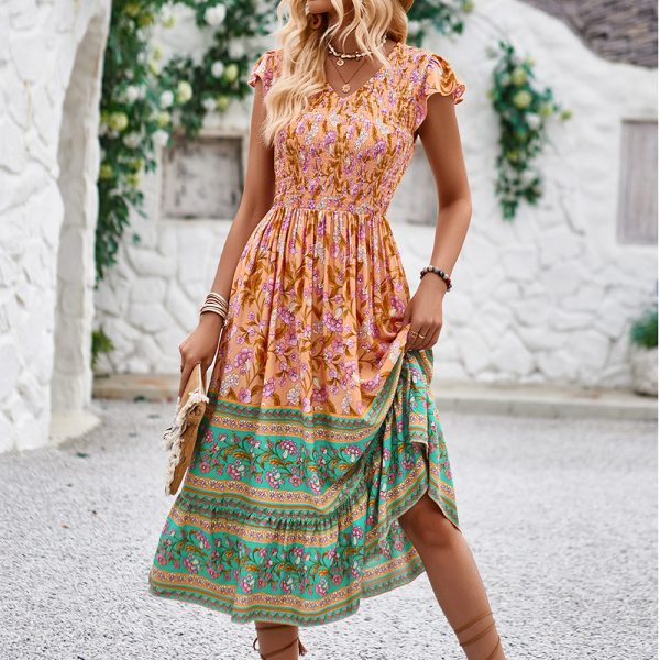 Women’s Summer Floral Print Bohemian V-Neck Ruffled Sleeve Dress