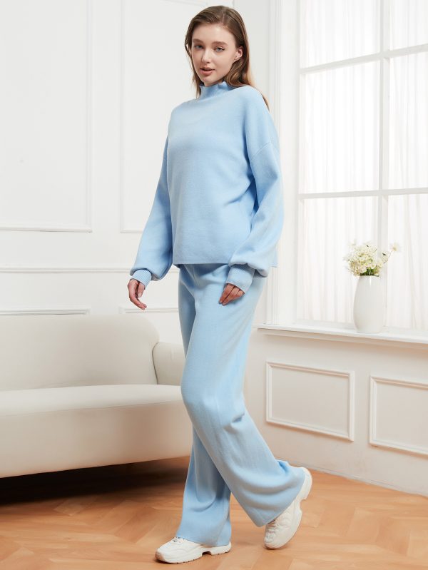 Solid Color Stand Collar Sweater & Trousers Set for Women - Image 3