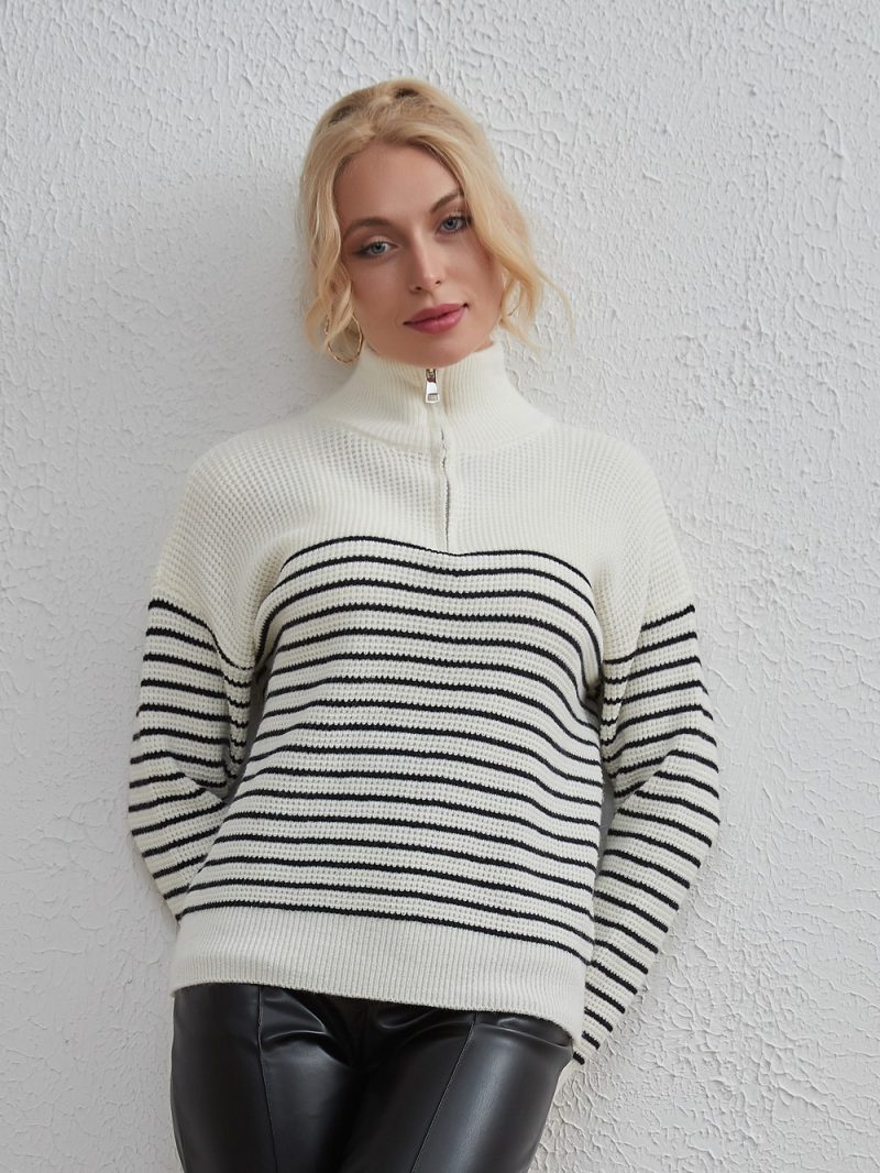 Striped Zipper Long Sleeve Sweater for Women – Autumn/Winter - Image 3