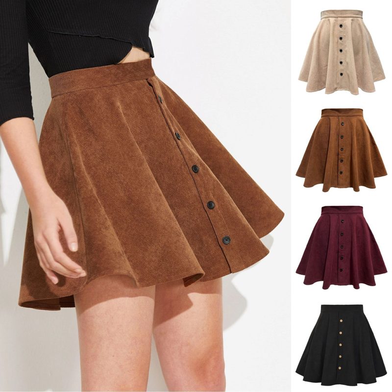 High Waist Corduroy Umbrella Skirt with Buttons - Fall Winter - Image 2