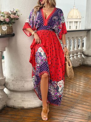 Spring Summer Floral Print V-Neck Swing Maxi Dress