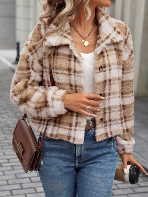 Popular Double Sided Plush Plaid Button Cardigan Casual Coat for Women