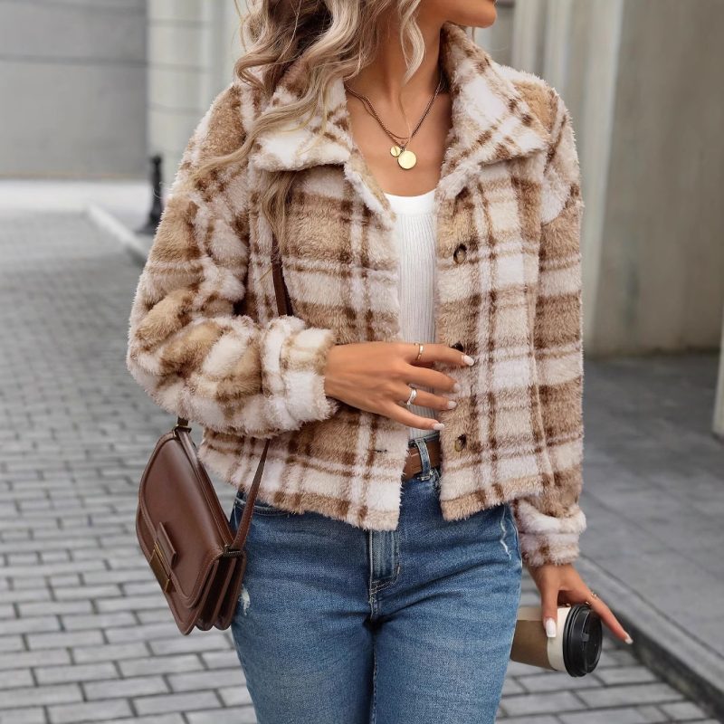 Popular Double Sided Plush Plaid Button Cardigan Casual Coat for Women