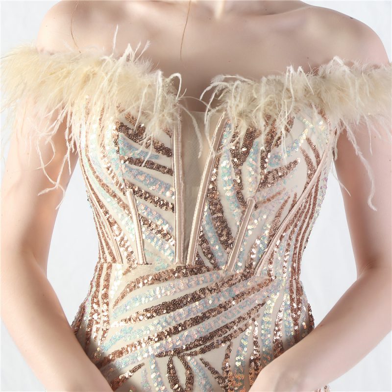 Ostrich Feather Sequined Corset Waist Tight Evening Dress - Image 3