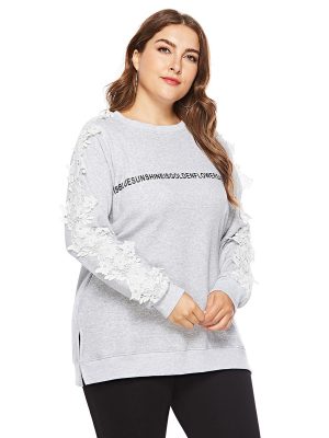 Women Spring Autumn Round Neck Pullover Letter Graphic Floral Print Long Sleeve Pullover